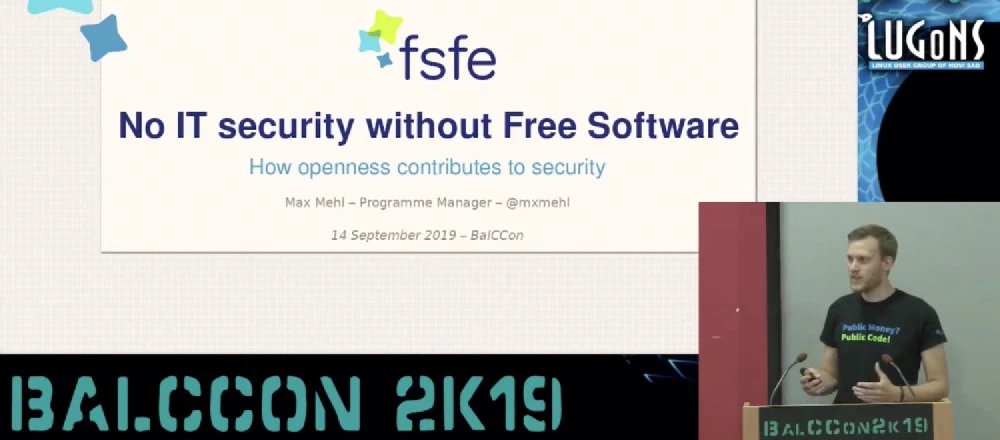 Picture of me giving the presentation at BalCCon 2019 in Novi Sad Max Mehl during his presentation at BalCCon 2019 in Novi Sad, Serbia