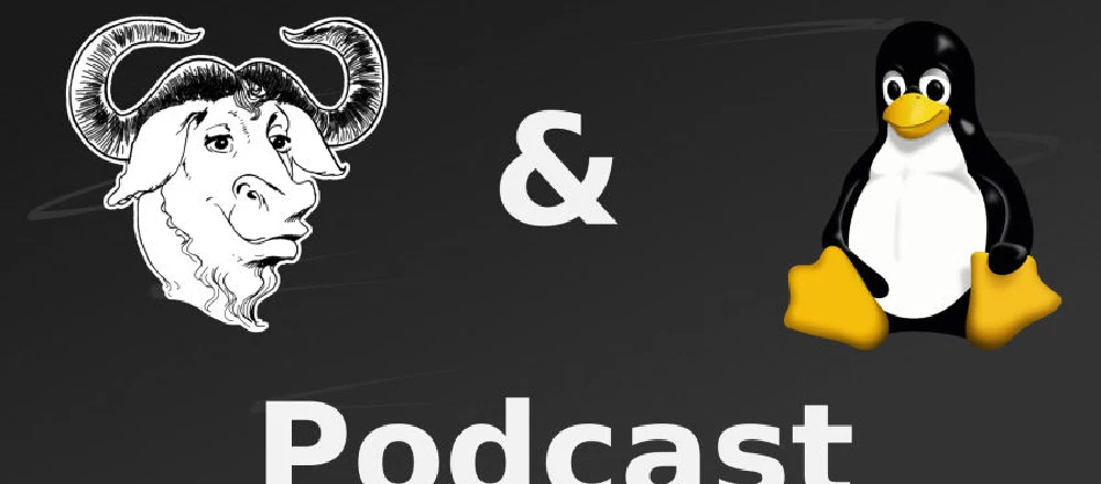 Illustration of the Gnu and Linux Penguin mascots. Below the text "Podcast"